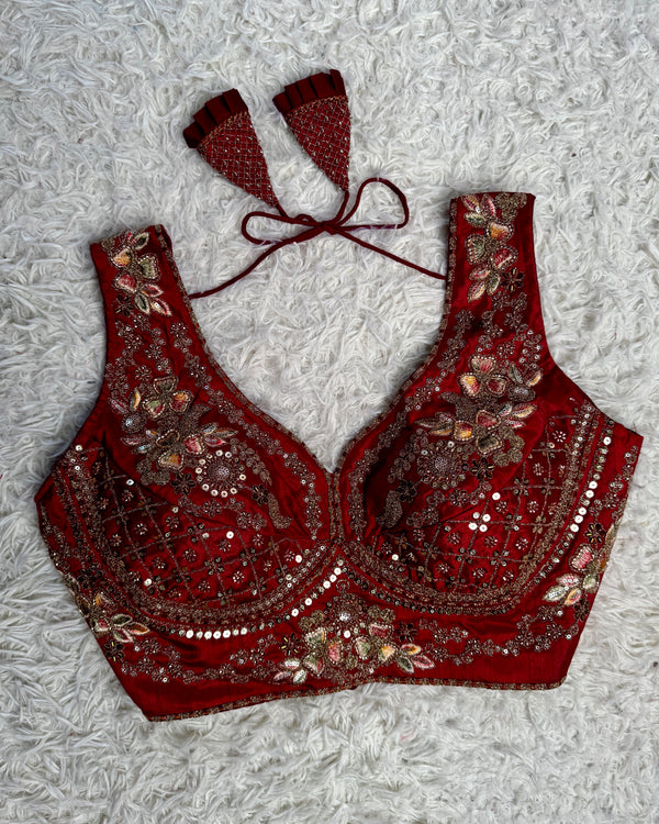 Maroon Premium Embroidered Blouse , Free Size ( Alterable )