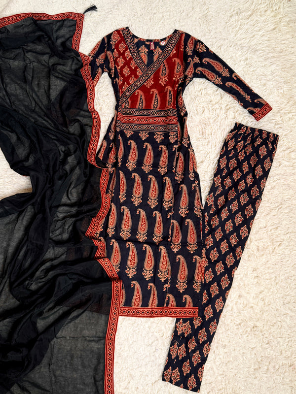 Black-Red Ajrakh-Print Pure-Cotton Flare-Anarkali-Kurti Set