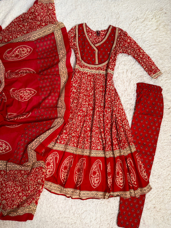 Red-Cream Pure-Cotton Block-Print Anarkali-Kurti-Pants-Dupatta-Set