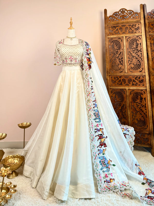 Off-White Silk-Organza Embroidered-Dupatta-Lehenga-Skirt-Blouse & Dupatta Set
