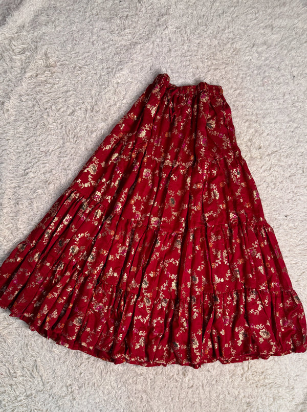 Maroon Vichitra-Silk Full-Flare Foil-Print Multi-Layered Skirt