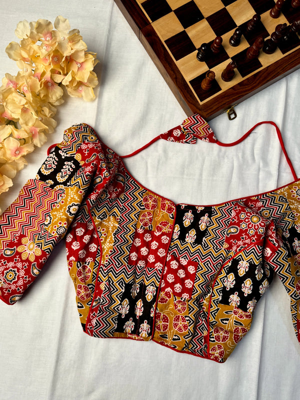 Black-Red-Orange Pure-Cotton Ajrakh Block-Print Blouse only