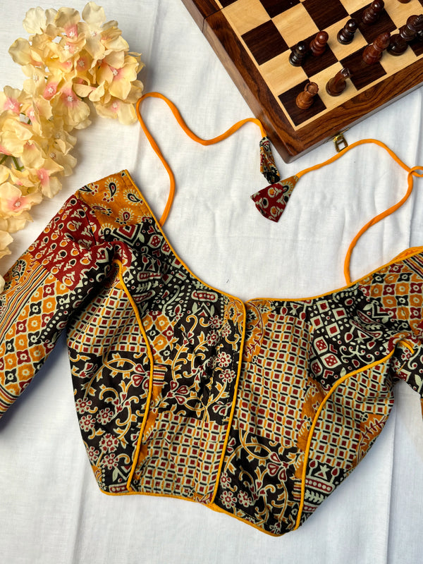 Black-Red-Yellow Pure-Cotton Ajrakh Block-Print Blouse only