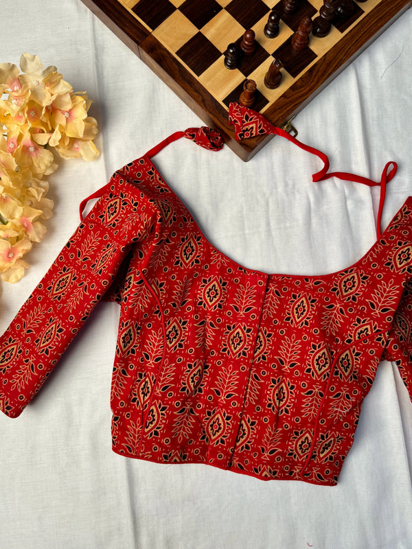 Red Pure-Cotton Ajrakh Block-Print Blouse only