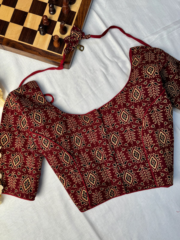 Maroon Pure-Cotton Ajrakh Block-Print Blouse only