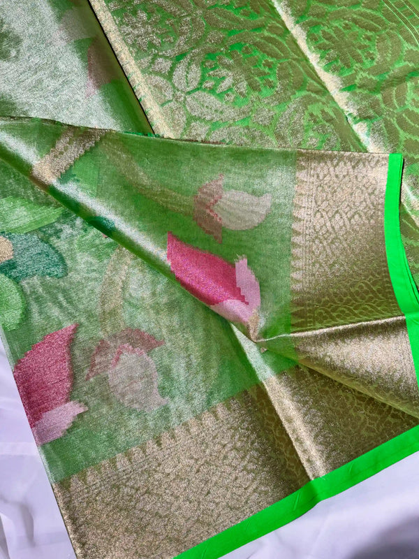 Green kora tissue organza floral body Banarasi saree