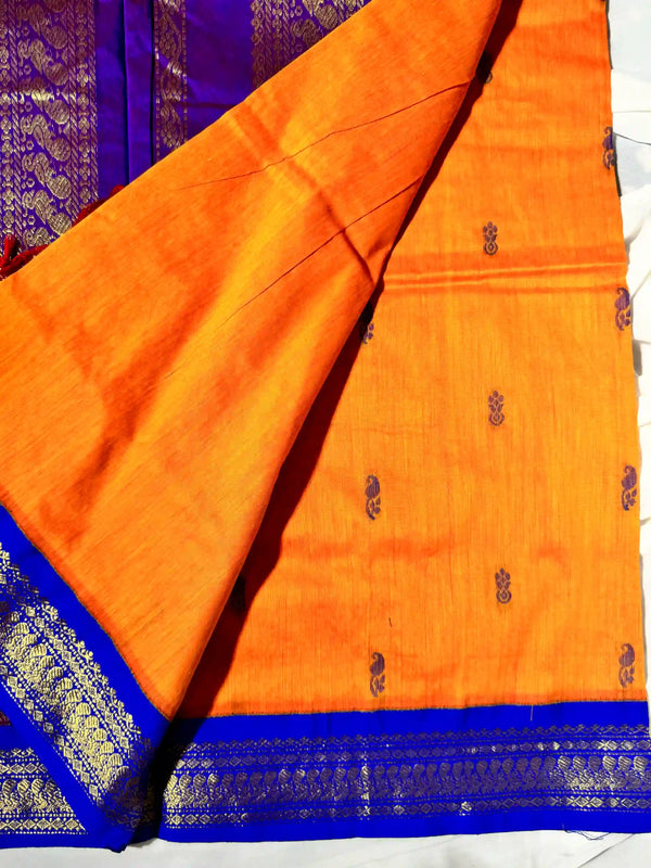Orange-blue gadwal silk cotton south saree