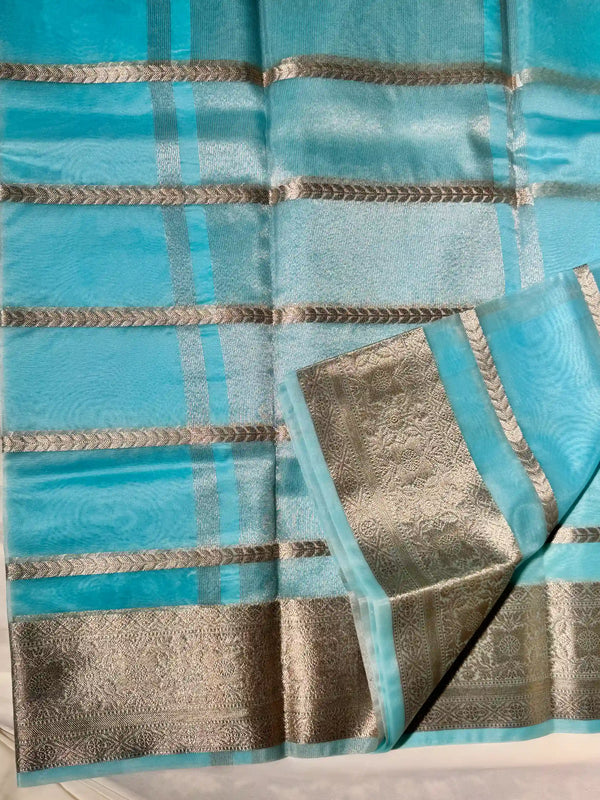 Sky blue kora organza silver zari Banarasi saree