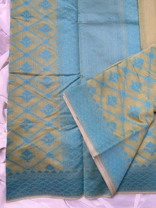 Mint-blue soft cotton woven Banarasi saree