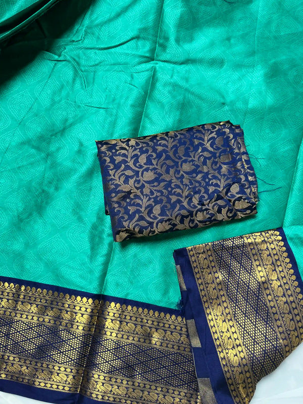 Mint-navy poly silk brocade blouse north saree