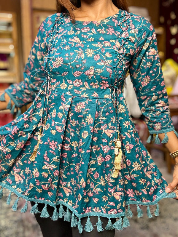 Sea-Green Pure-Cotton Block-Print Tunic-Kurti-Top