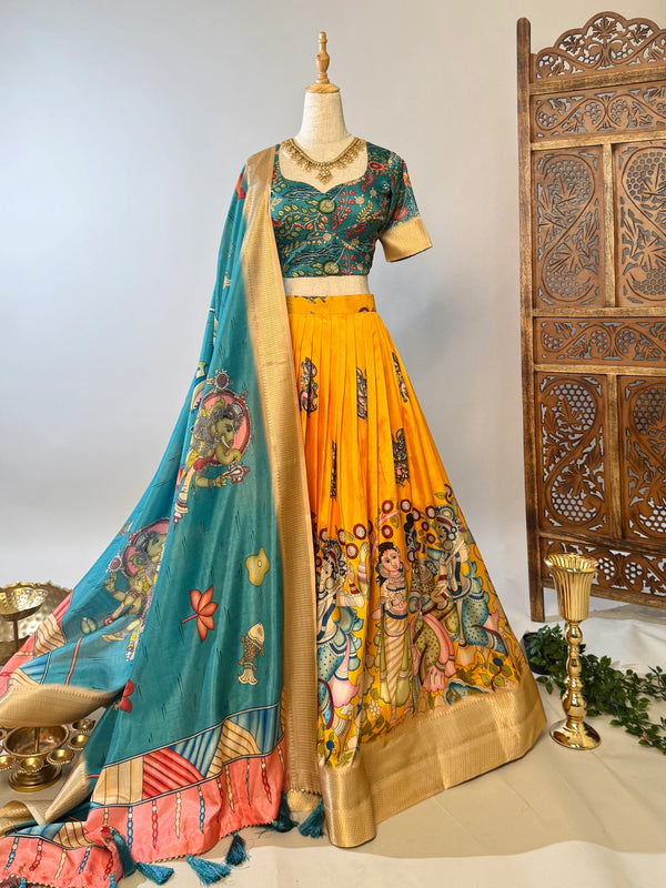 Yellow-Blue Soft-Silk Digital-Printed Kalamkari-Box-Pleated Lehenga-Blouse-Dupatta-Set