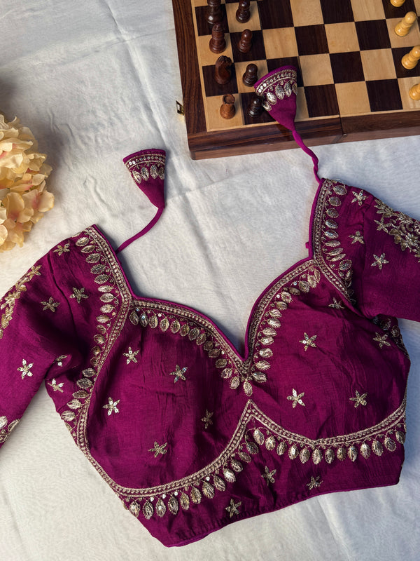 Purple-Wine Raw-Silk Zari-Embroidery Blouse