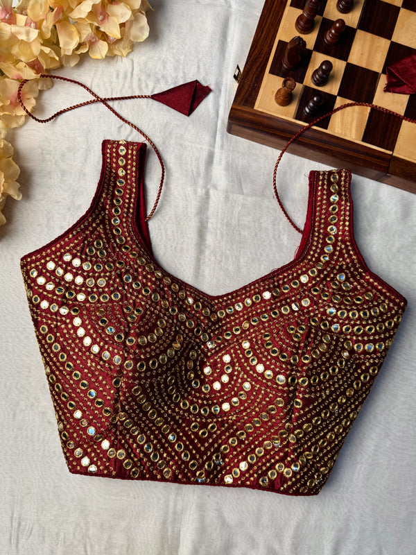 Maroon Raw-Silk Faux-Mirror-Embroidery Blouse