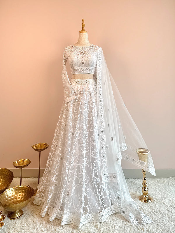 Pure-White Tulle-Net Pearl-Embroidered Kalidaar-Lehenga-Blouse-Dupatta-Set