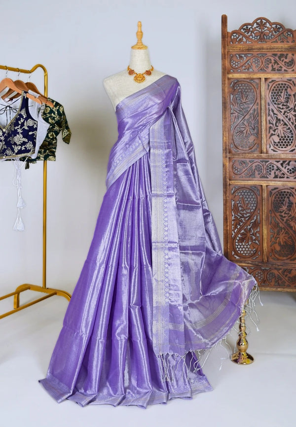 Lavender-Silver Pure-Cotton-Tissue Zari-Border Bengal-Saree