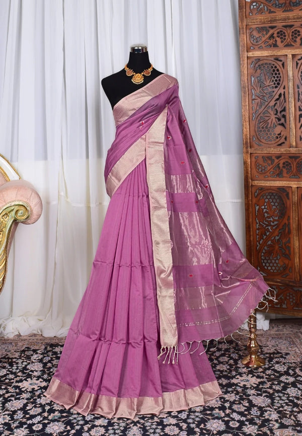 Lavender-Silver Pure-Silk-Cotton Woven-Meena-Butti Handloom Maheshwari-Saree