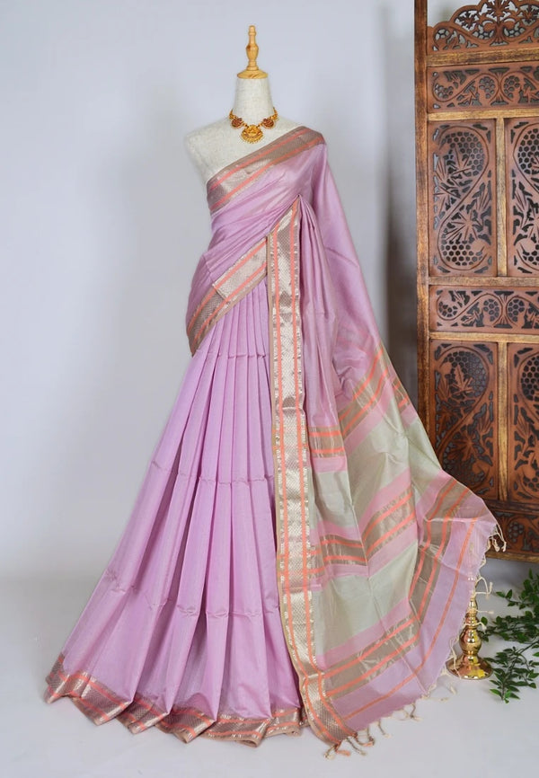 Lavender-Silver handwoven Pure-Silk-Cotton Zari-Pallu Maheshwari-Saree