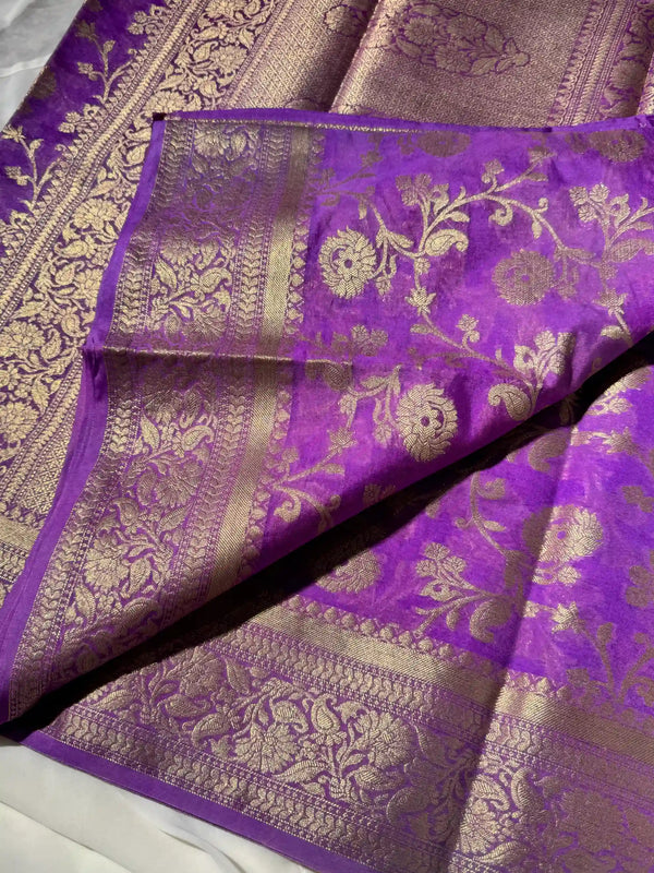 Lavender semi georgette silver zari Banarasi saree