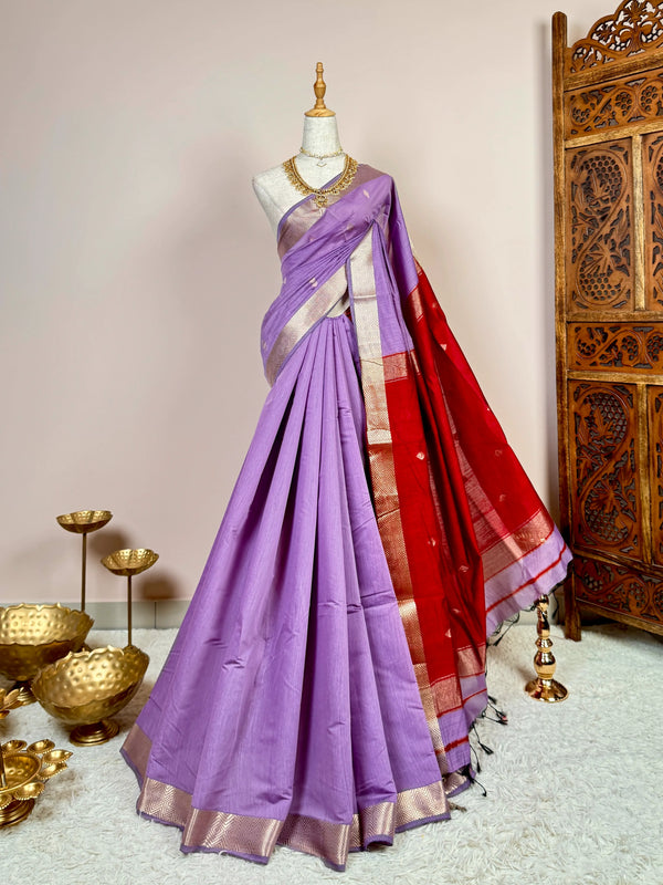Lavender-Maroon Silk-Cotton Woven-Border South-Saree