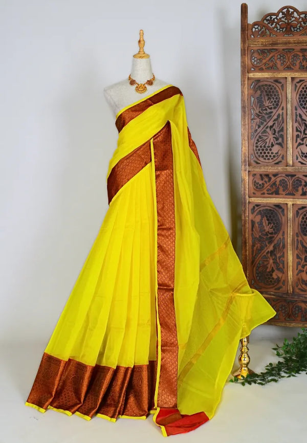 Lemon-Yellow Dupion Zari-Border Banarasi-Saree