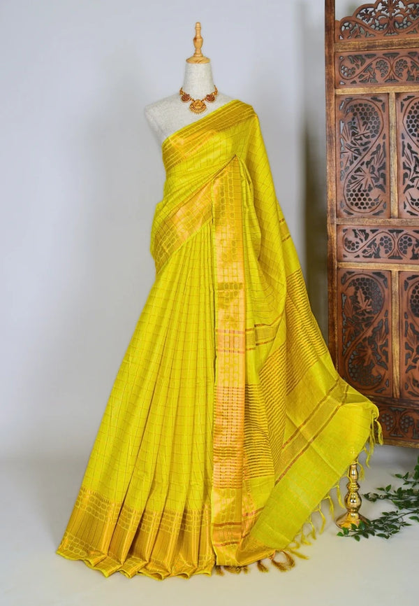 Lemon-Yellow Kota-Silk Zari-Checkered-Body Bengal-Saree