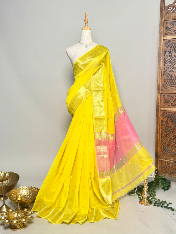 Lemon-Yellow-Pink Silk-Cotton Butta-Woven South-Saree