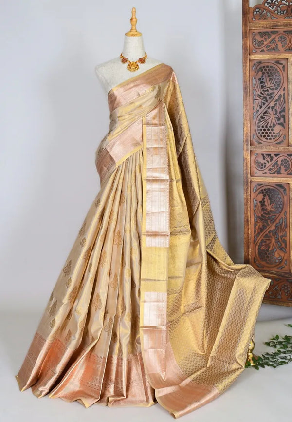 Light-Gold Silk Tissue Embossed Motif Zari Woven Rich Banarasi Saree