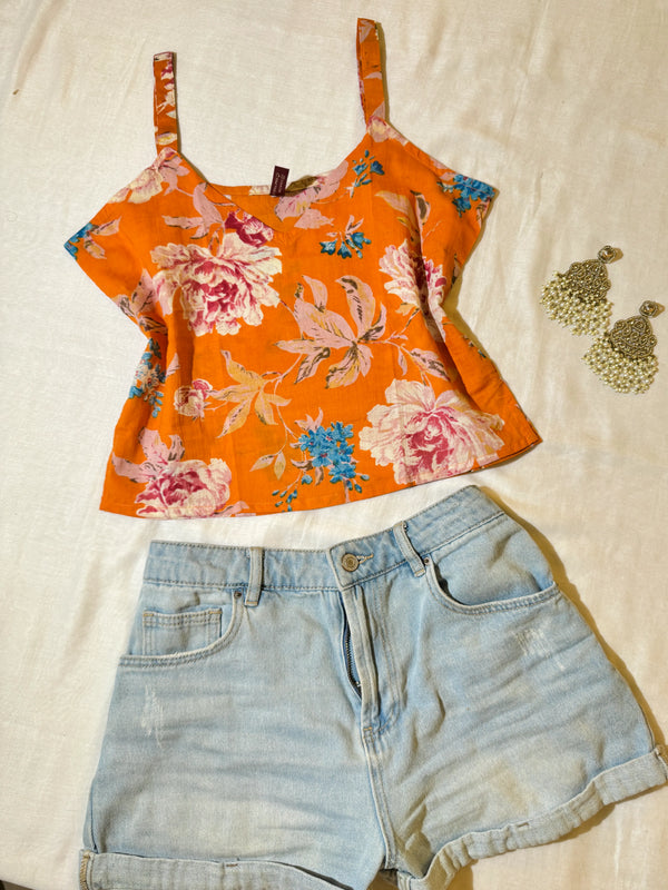 Light-Orange Cotton-Printed Short-Crop Kurti-Top