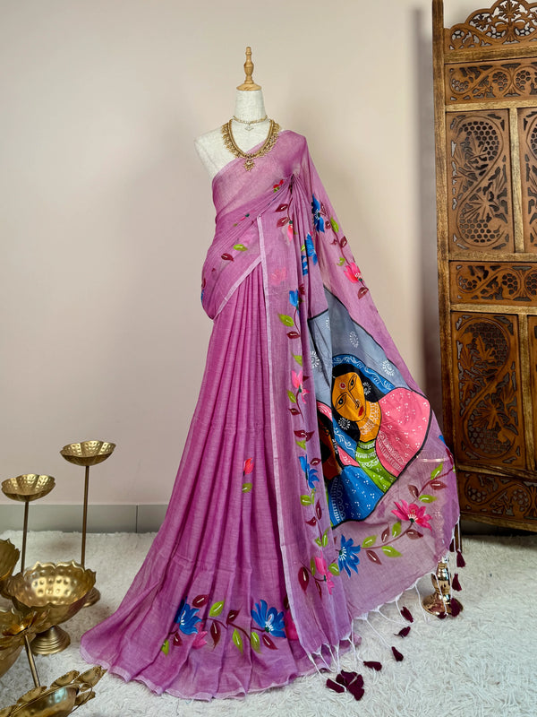 Lilac-Pink Handspun Pure-Cotton Hand-Painted Bengal-Saree
