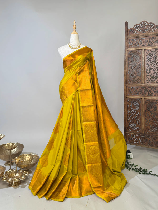 Lime-Green Soft-Silk Semi-Kanji-Woven South-Saree