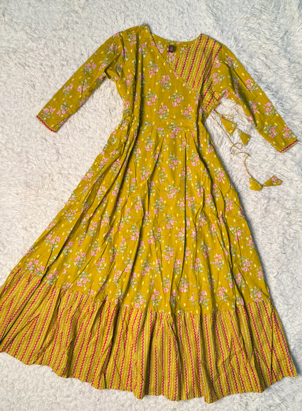 Lime-Green Pure-Cotton Screen-Print Ruffle-Border Anarkali-Set