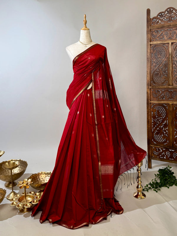 Maroon-Gold Poly-Silk-Cotton Butta-Woven South-Saree
