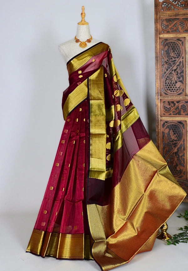 Maroon-Gold Soft-Organza Butti-Woven Banarasi-Saree