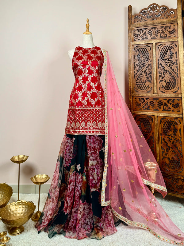 Maroon Banarasi-Silk-Organza Zari-Woven Kurti-Top-Sharara-Dupatta-Set