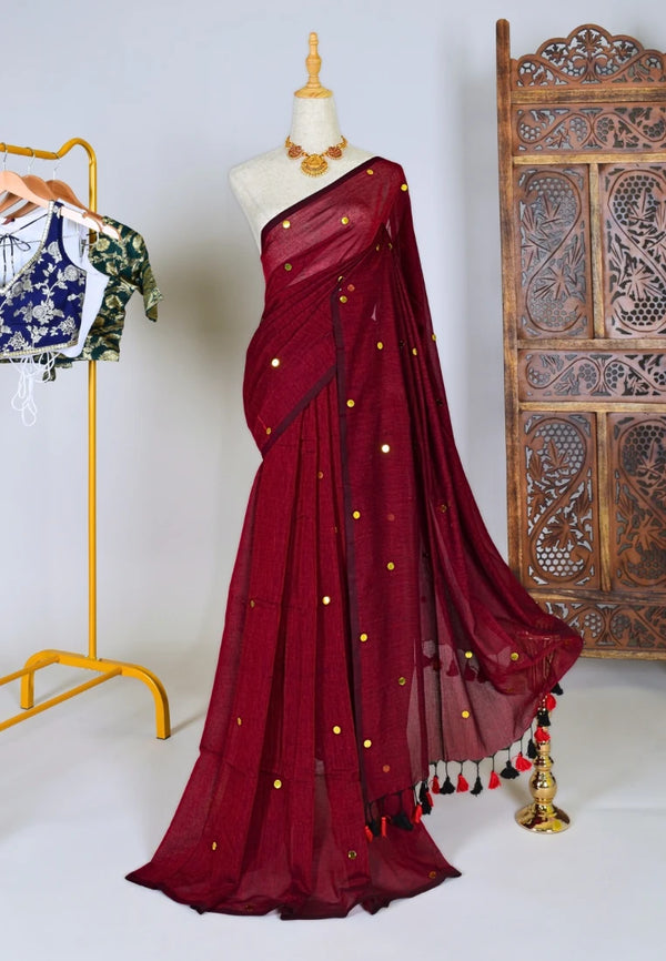 Maroon Handspun Pure-Cotton Sequin-Stitched Bengal-Saree