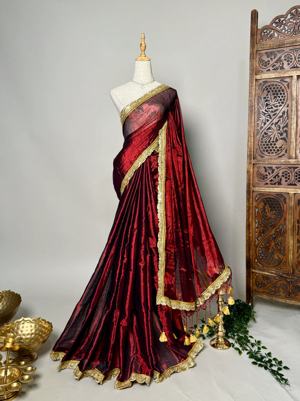 Maroon Poly-Tissue-Cotton Big-Poms Sequin-Border North-Saree