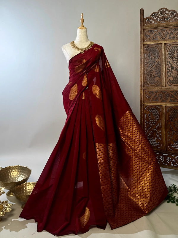 Maroon Silk-Cotton Almond-Border Brocade-Pallu South-Saree