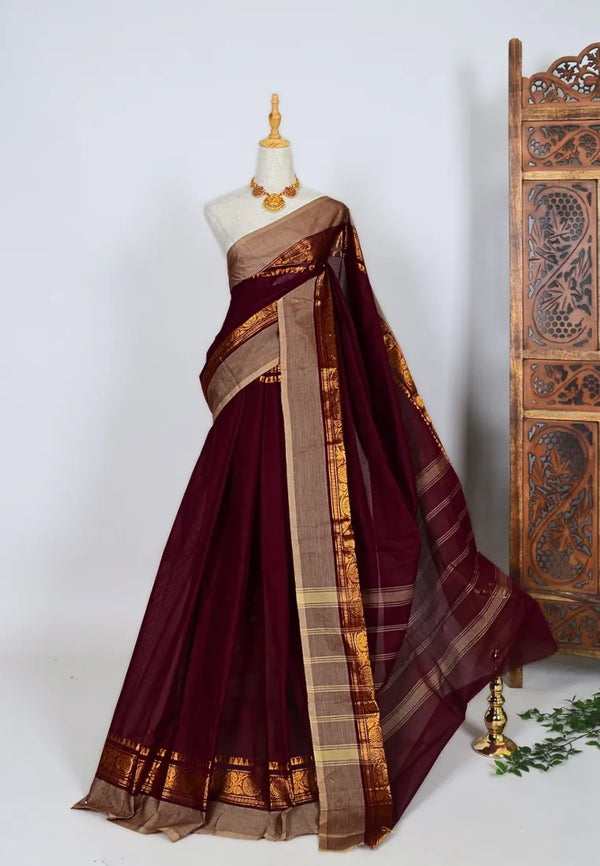 Maroon Soft-Chettinad-Cotton Zari-Turning-Border South-Saree