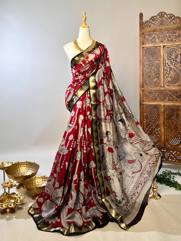 Maroon-Black Soft-Silk-Cotton Kalamkari-Print North-Saree