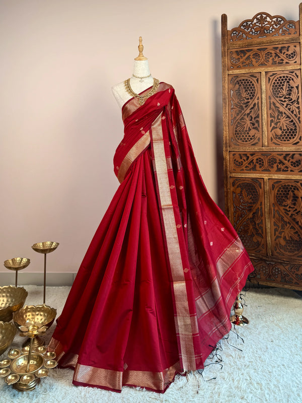 Maroon-Light-Gold Silk-Cotton Woven-Butti South-Saree