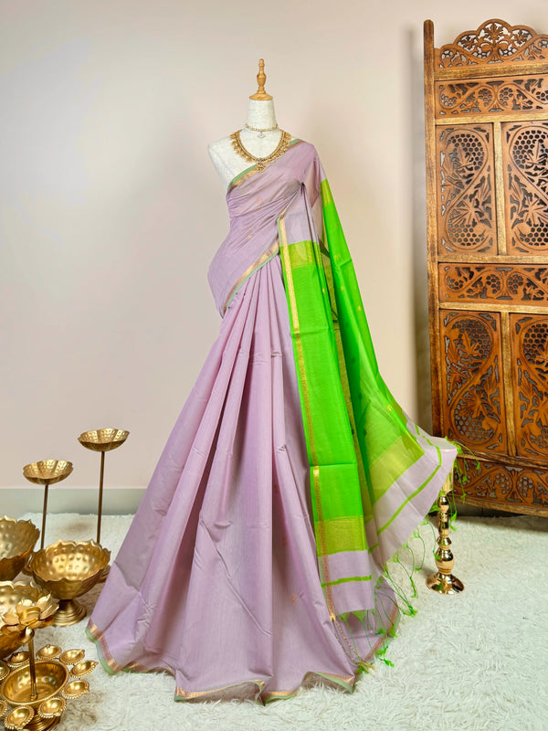 Mauve-Lilac-Green Silk-Cotton Woven-Butti South-Saree