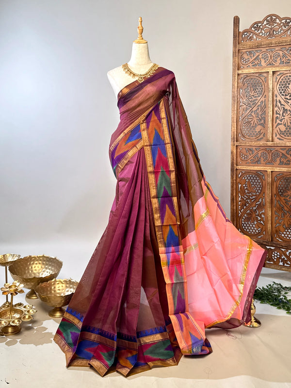 Mauve-Pink Silk-Cotton-Woven Ikkat-Border South-Saree