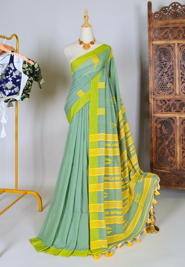 Mint-Green Handloom Mercerised-Pure-Cotton Butti body Bengal Varee