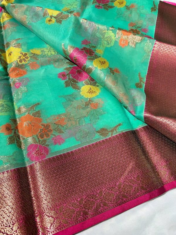 Mint-pink soft organza floral butta Banarasi saree