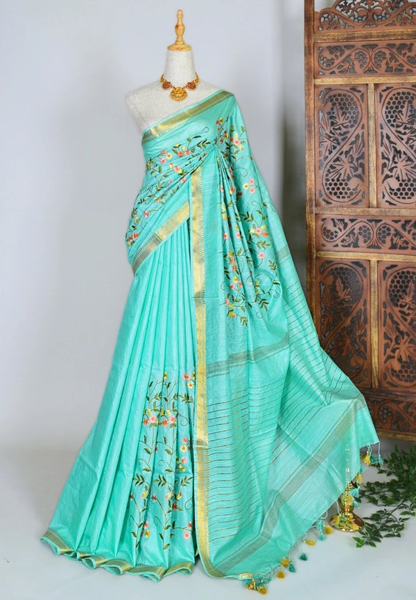 Mint Kota-Silk Floral-Embroidery Woven-Border Bengal-Saree