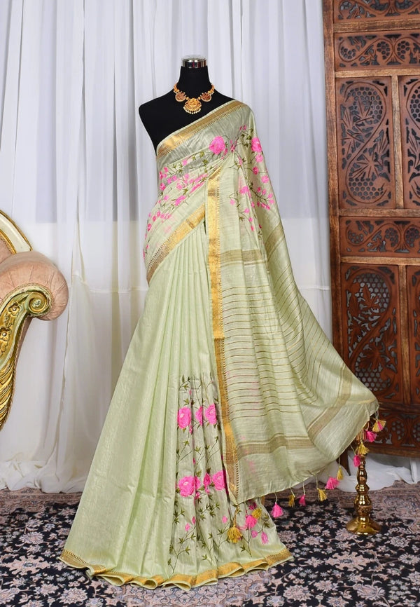 Mint-Baby-Pink Kota-Silk Embroidered-Floral-Body Woven-Border Bengal-Saree