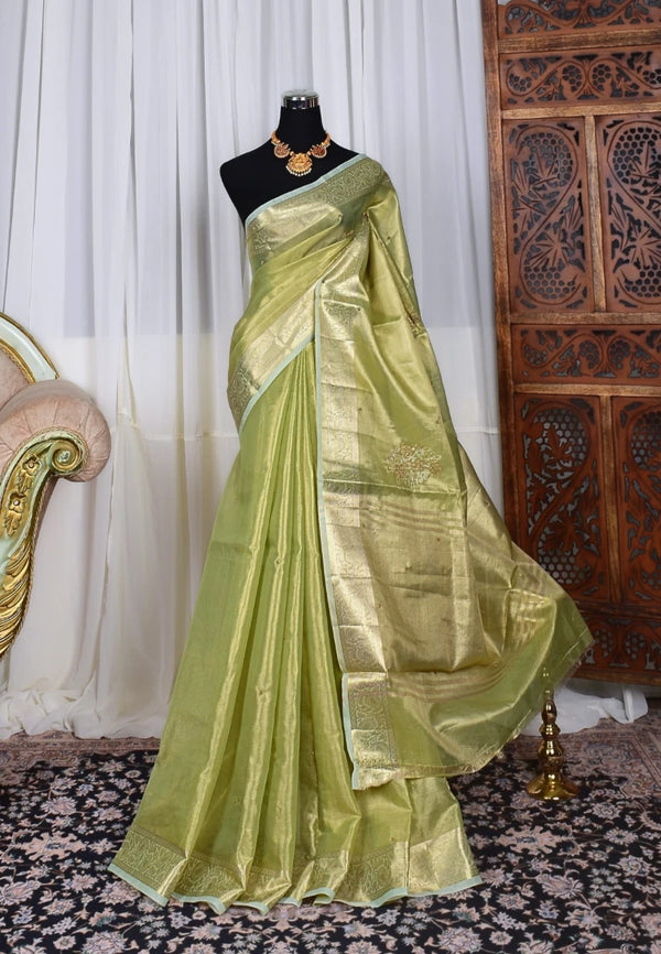 Mint-Gold Silk-Tissue Aari-Handwork-Butta Premium Banarasi-Saree