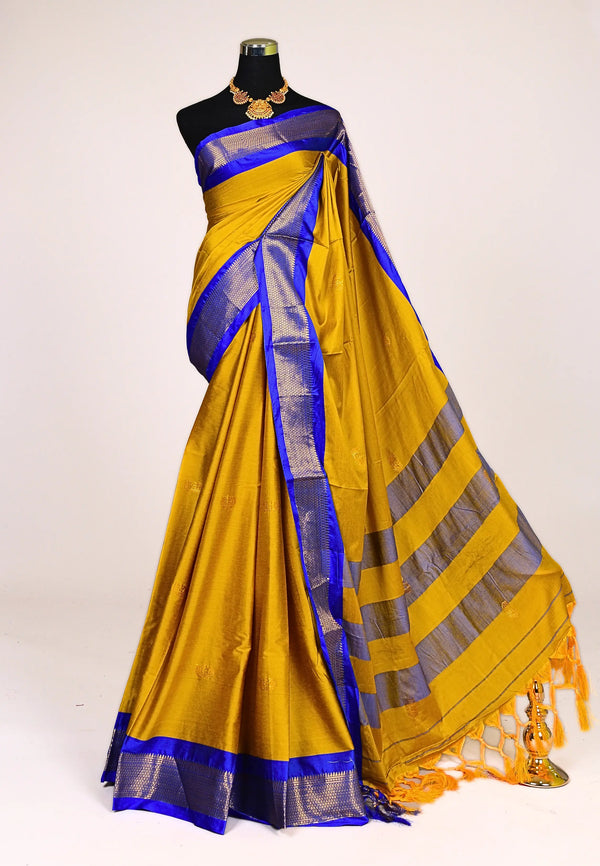 Mustard Blue Poly Silk Premium Zari Woven North Saree