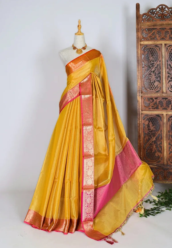 Mustard-Pink Silk-Tissue-Organza Striped-Body Banarasi-Saree